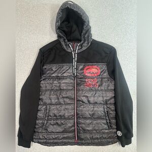 Ecko Unltd Hooded Puffer Coat Mens XL Res Black Y2K 90s‎ Streetwear Camo